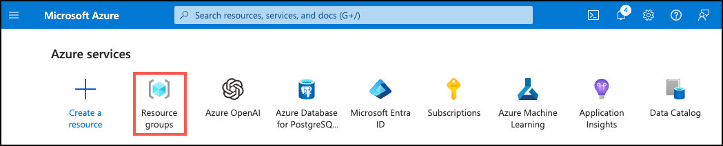 Screenshot of Resource groups highlighted by a red box under Azure services in the Azure portal.