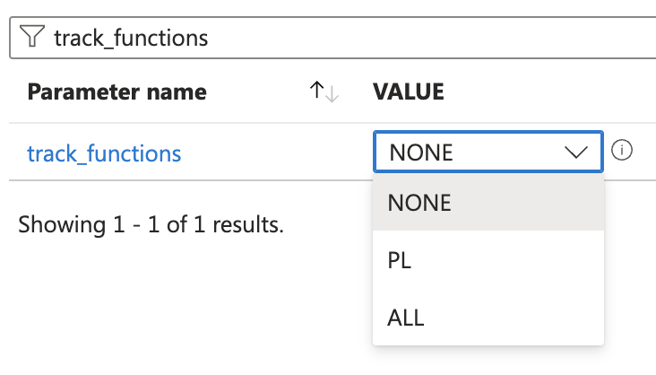 A screenshot of the Server Parameters configuration section showing the track_functions