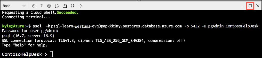 Screenshot of the Azure Cloud Shell pane with the Maximize button highlighted by a red box.