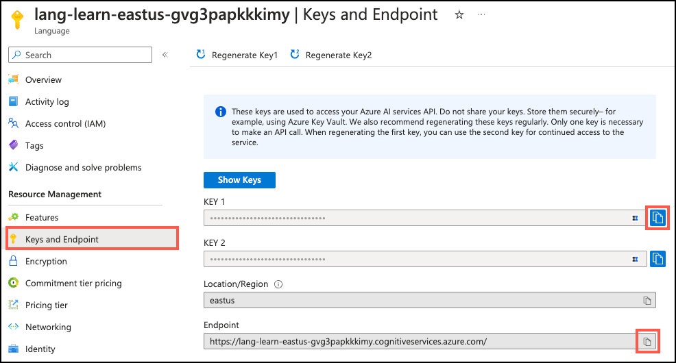 Screenshot of the Azure Language service's Keys and Endpoints page is displayed, with the KEY 1 and Endpoint copy buttons highlighted by red boxes.