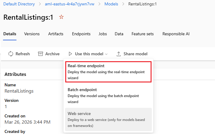 Screenshot of the Real-time endpoint menu option highlighted by a red box.