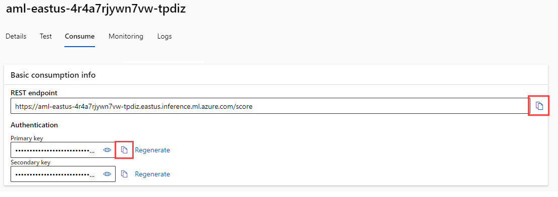 Screenshot of the endpoint Consume tab. Red boxes highlight the copy buttons for the REST endpoint and primary authentication key.