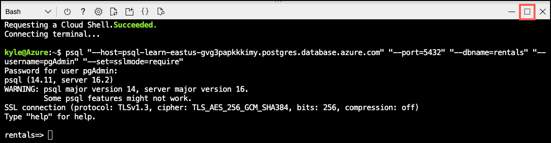 Screenshot of the Azure Cloud Shell pane with the Maximize button highlighted by a red box.