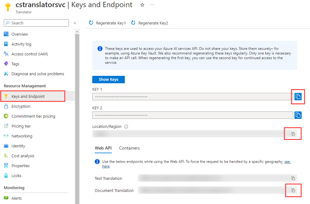 Screenshot of the Azure AI Translator service's Keys and Endpoints page is displayed, with the KEY 1, Region, and Document Translation endpoint copy buttons highlighted by red boxes.