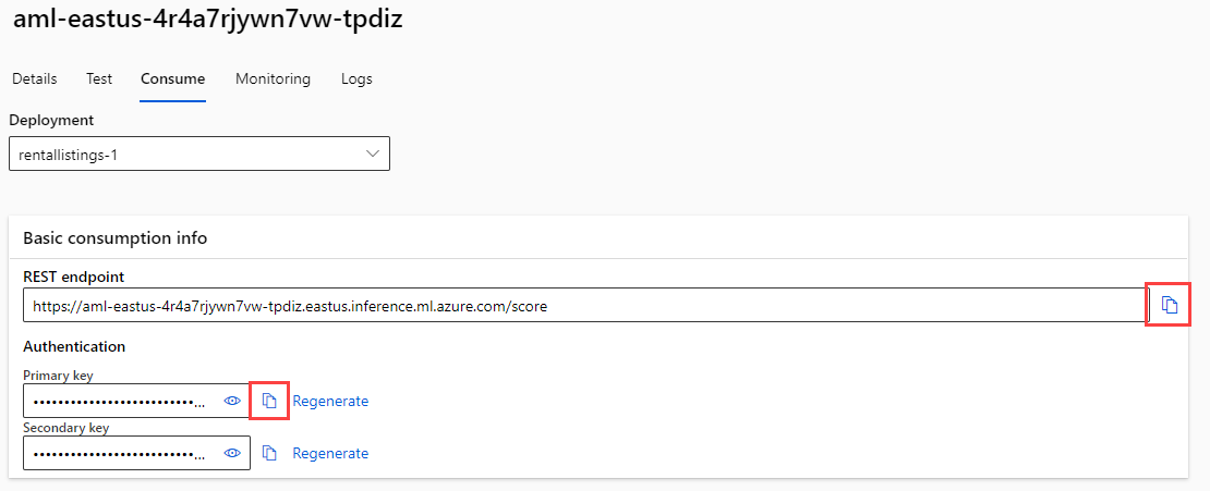 Screenshot of the endpoint Consume tab. Red boxes highlight the copy buttons for the REST endpoint and primary authentication key.