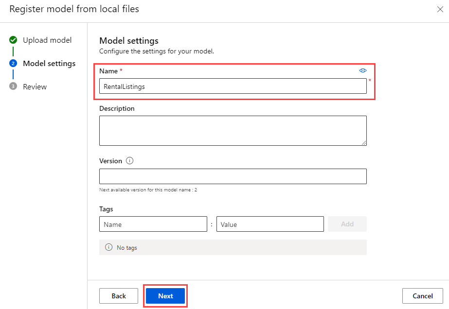 Screenshot of the Model settings screen with the value of RentalListings entered into the Name field. Red highlighting boxes surround the Name text box and Next button.