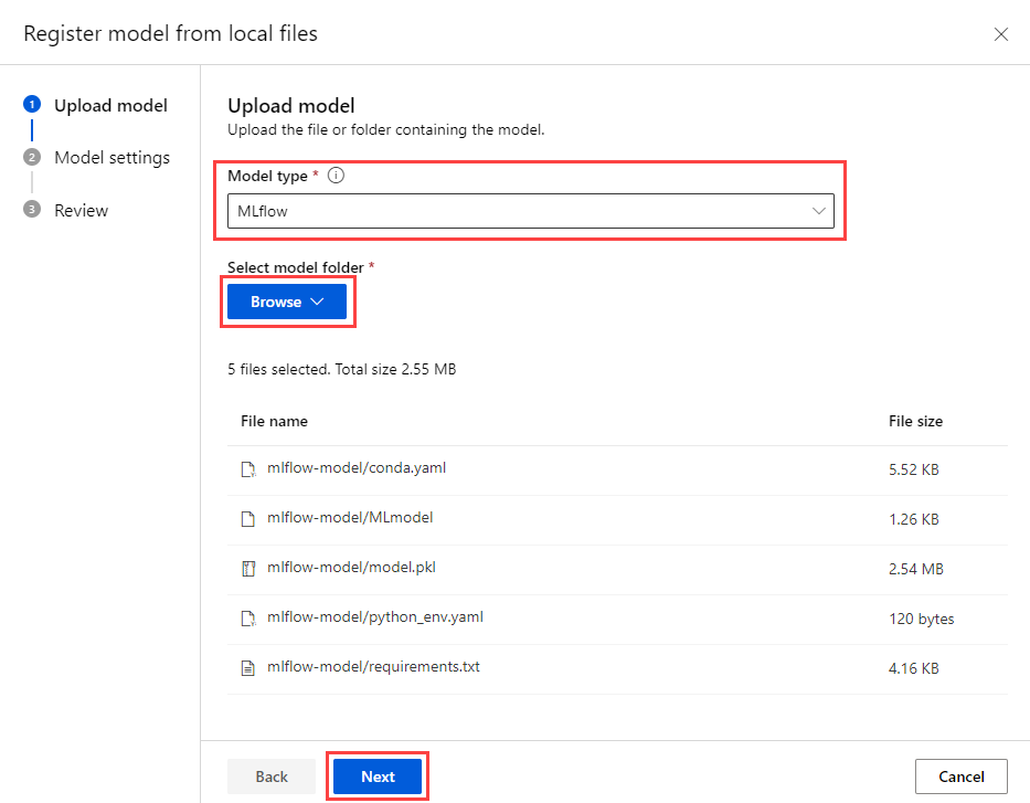 Screenshot of the Upload model menu page. A red box surrounds the MLflow model type, Browse, and Next buttons.