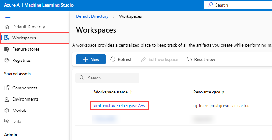 Screenshot of Azure Machine Learning Studio with the Workspaces menu option and the Azure Machine Learning workspace highlighted by red boxes.