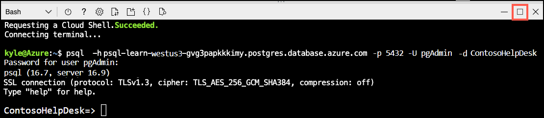 Screenshot of the Azure Cloud Shell pane with the Maximize button highlighted by a red box.