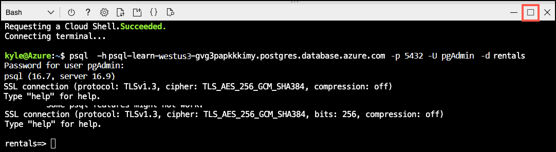 Screenshot of the Azure Cloud Shell pane with the Maximize button highlighted by a red box.