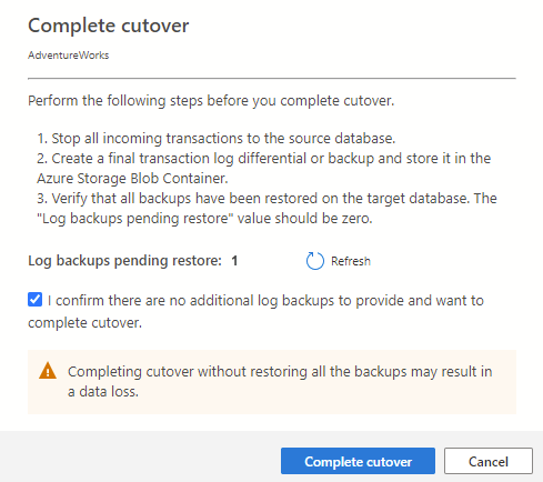 Screenshot der Option Migrations-Cutover der Azure-Migrationserweiterung für Azure Data Studio.