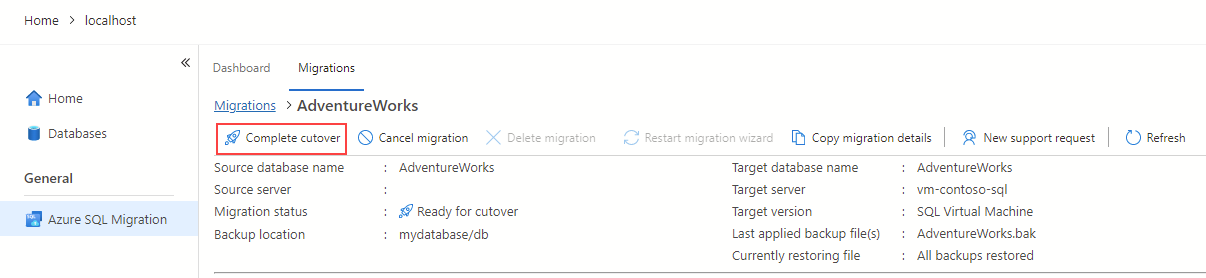 Screenshot der Option Migrations-Cutover der Azure-Migrationserweiterung für Azure Data Studio.