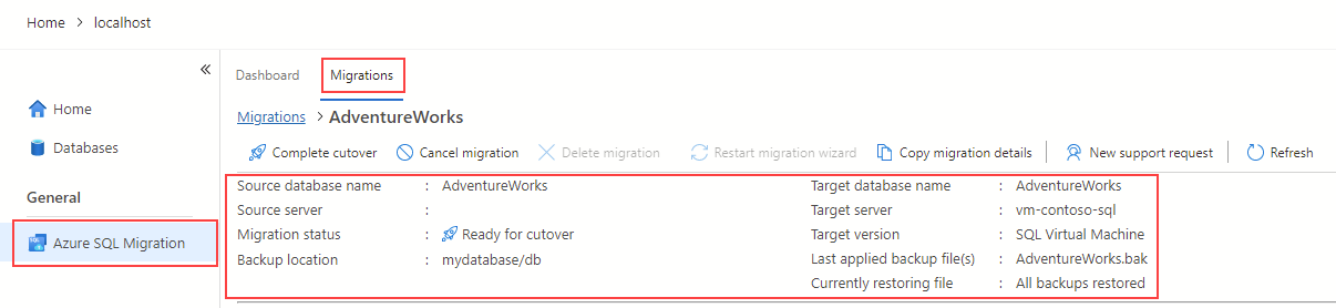 Screenshot: Migrationsdetails in der Azure-Migrationserweiterung für Azure Data Studio.