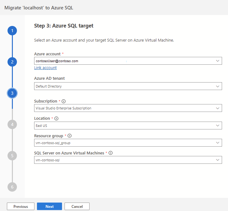 Screenshot der Azure SQL-Zielkonfiguration in der Azure-Migrationserweiterung für Azure Data Studio.