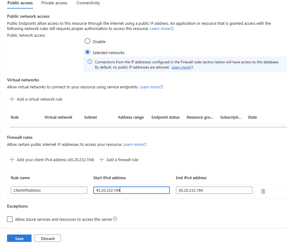 Screenshot der Firewallregelseite für Azure SQL-Datenbank.