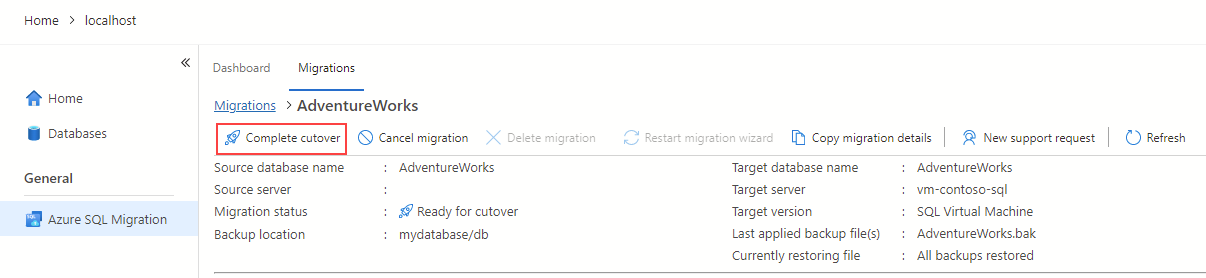 Captura de pantalla de la opción de transición de migración en la extensión de migración de Azure para Azure Data Studio.