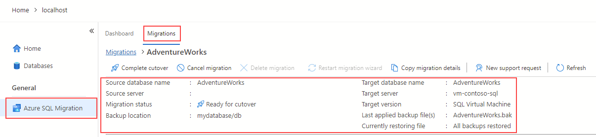 Captura de pantalla de los detalles de migración en la extensión de migración de Azure para Azure Data Studio.