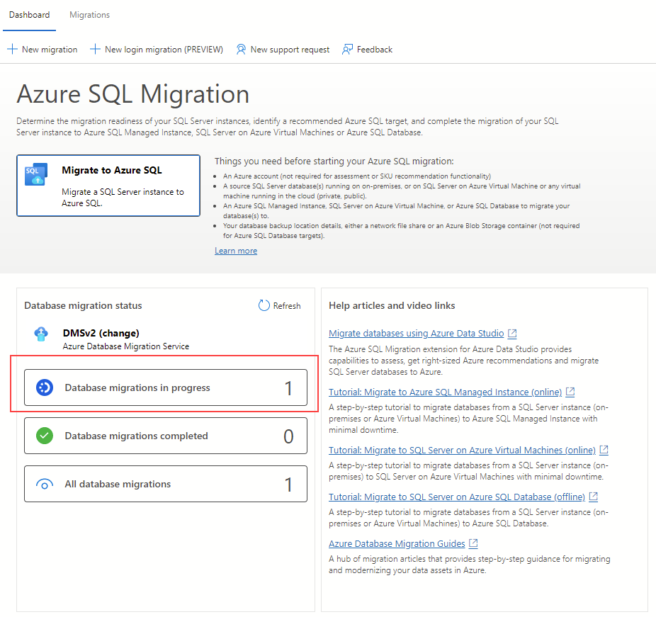 Captura de pantalla del panel de migración en la extensión de migración de Azure para Azure Data Studio.