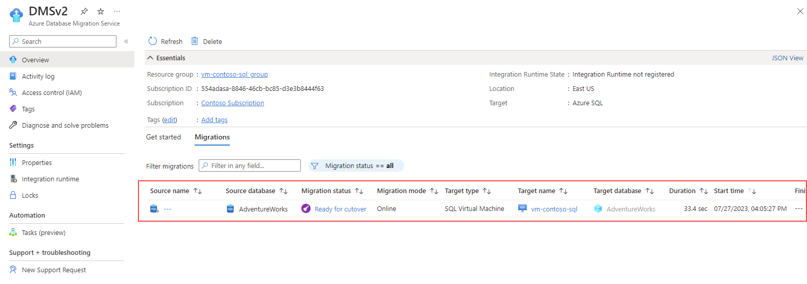 Captura de pantalla de la página de supervisión en Azure Database Migration Services en Azure Portal.