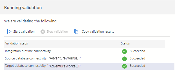 Captura de pantalla de la ejecución del paso de validación en la extensión de migración de Azure para Azure Data Studio.