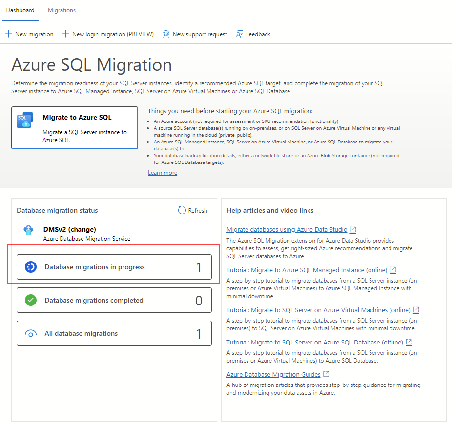 Capture d’écran du tableau de bord de la migration dans l’extension de migration Azure pour Azure Data Studio.