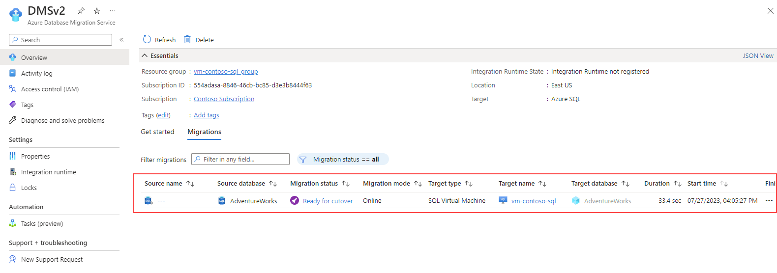 Capture d’écran de la page de surveillance dans Azure Database Migration Services du portail Azure.