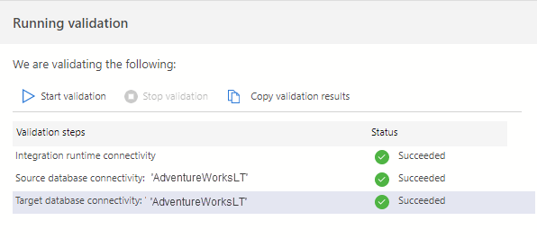 Capture d’écran de l’étape d’exécution de la validation dans l’extension de migration Azure pour Azure Data Studio.