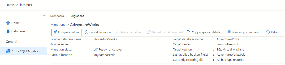 Screenshot of the migration cutover option on Azure migration extension for Azure Data Studio.