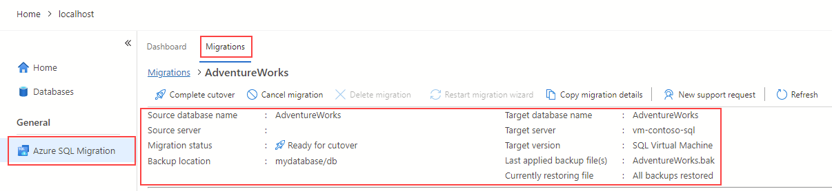 Screenshot of the migration details on the Azure migration extension for Azure Data Studio.