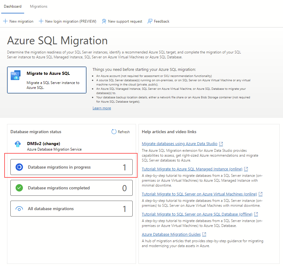 Screenshot of the migration dashboard on the Azure migration extension for Azure Data Studio.