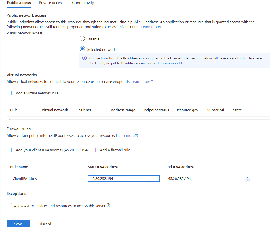 Screenshot of the firewall rule page for Azure SQL Database.