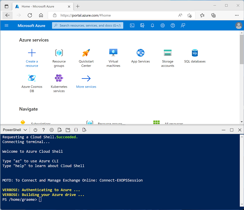 Azure portal with a cloud shell pane