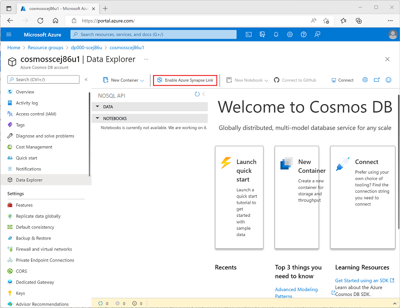 Cosmos DB Data Explorer with Enable Azure Synapse Link button highlighted