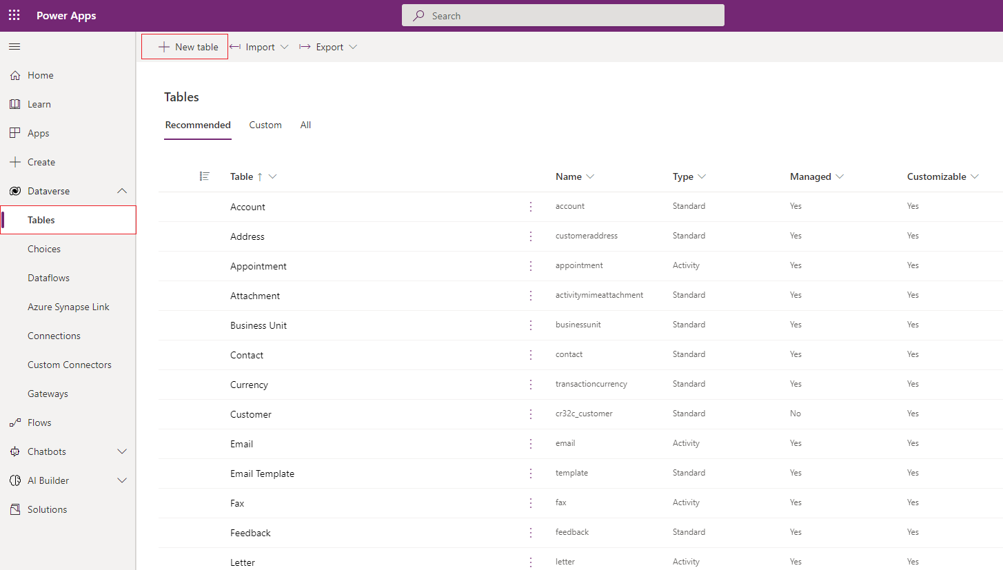 Select PowerApps and Create New Table