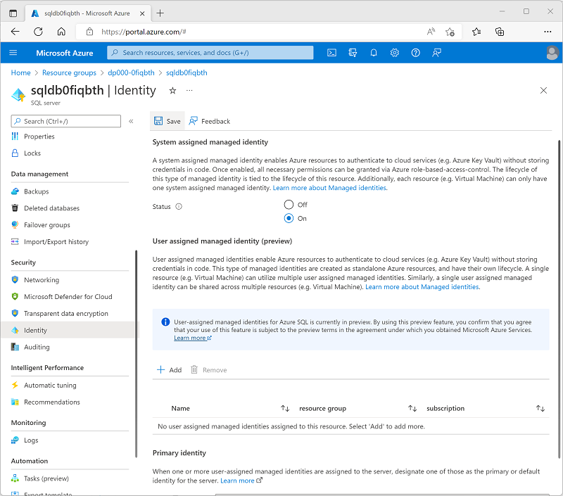 Screenshot of the Azure SQL server Identity page in the Azure portal.