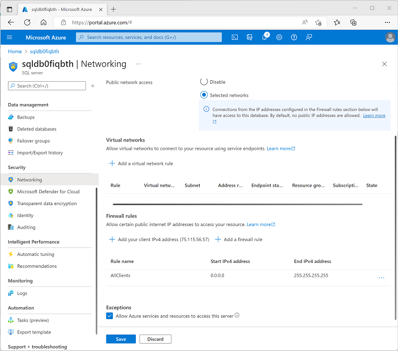 Screenshot of the Azure SQL server Networking page in the Azure portal.